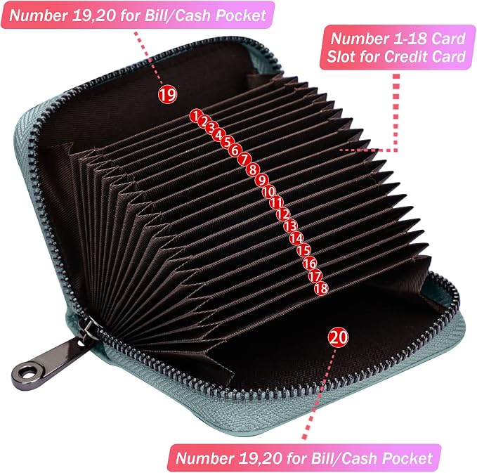Linno RFID 20 Slots Credit Card Holder Genuine Leather Small Wallet for Women or Men with Zipper