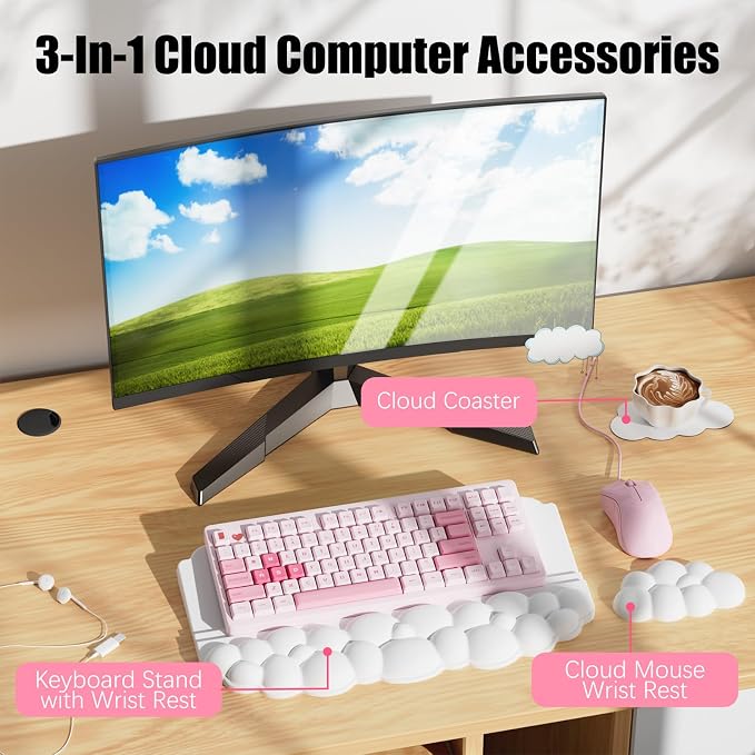 Ergonomic Wrist Rest for Keyboard and Mouse, Cloud Keyboard Stand Pad | Soft Memory Foam Keyboard Riser Holder with Wrist Pad, Easy Typing, Pain Relief, Comfort for Office, Work, Gaming - White