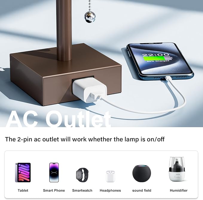 Bedside Lamp for Bedroom Set of 2 - Table Desk Lamp for Nightstand | AC Outlet, 3 Color Temperatures, LED Bulb Included, Pull Chain Design, 14" Rectangular Desk Lamp for Dorm/Office, 2-Pack