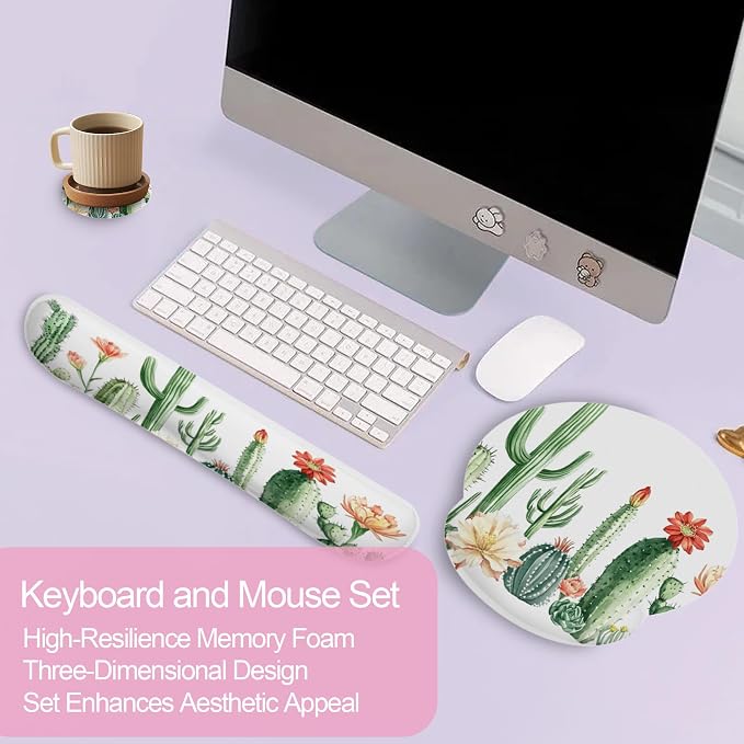 Cactus Succulent Greenery Flower Keyboard Wrist Rest Pad and Mouse Pad Wrist Support Set,3-in-1 Ergonomic Mouse Pad with Non-Slip Rubber Base for Home Office Game Computers Desk,