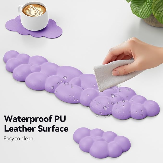 TECKNET Cloud Keyboard Wrist Rest Set, Cloud Wrist Rest with Non-Slip Base, PU Leather Wrist Pad for Keyboard with Ergonomic Memory Foam for Computer Laptop Office Gaming and Pain Relief, Purple
