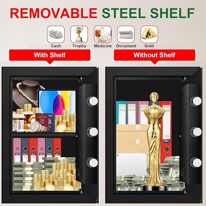 3.3 Cuft Large Home Safes Water and Fireproof with Digital Keypad & Key Lock, Security Safes for Home with DIY Removable Shelf, Anti-Pry Safe Box for Money Documents Jewelry, 19.69"H x13.78"W x 12.2"D