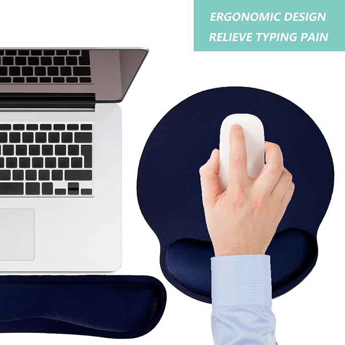 Keyboard Wrist Rest Pad Mouse Pad with Wrist Support Set of 3, Mousepad with Non-Slip Rubber Base, Ergonomic Memory Foam Mouse Wrist Cushion Support for Home Office Laptop Computer Gaming, Navy Blue
