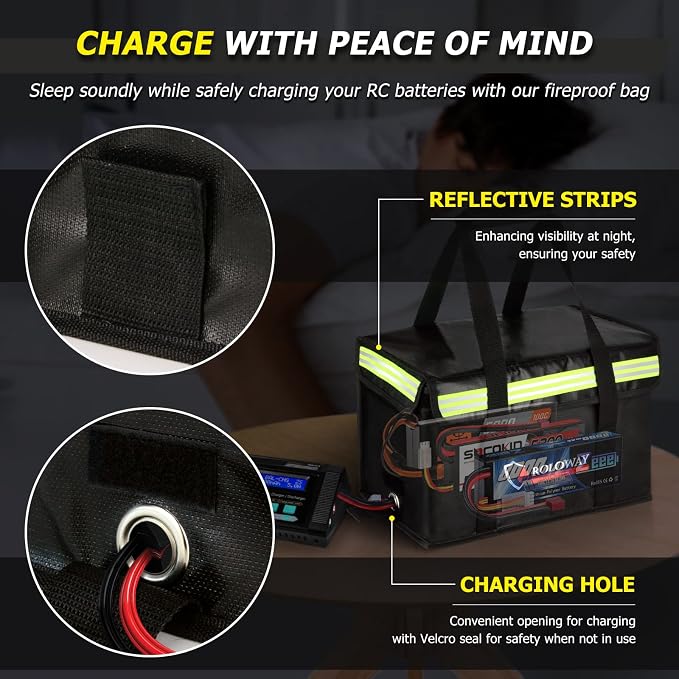 Lipo Battery Bag (15 x 8.5 x 10 inch), Large Fireproof Lipo Ebike Bag with Comfortable Handle, Reflective Strip