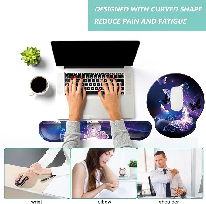 Keyboard Wrist Rest Pad Mouse Pad with Wrist Support Set of 3, Mousepad with Non-Slip Rubber Base, Ergonomic Memory Foam Mouse Wrist Cushion Support for Home Office Laptop Computer Gaming, Butterfly