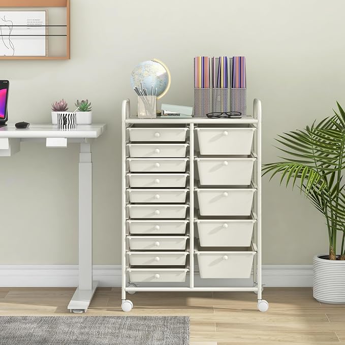 BECOMFORT 15-Drawer Rolling Cart with Drawers, Storage Cart on Wheels, Teacher Classroom Organizers with Metal Frame, Mobile Craft Cart for Tools, Trolley Utility Cart for School Office Play Room
