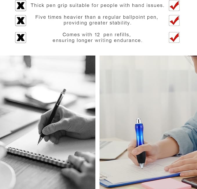 14Pcs Big Fat Pens Set, Retractable Large Wide Grip Ballpoint with Rope, Ergonomic Pen Aids Writing for Tremor Arthritis Parkinson Handicap Carpal Tunnel(2 Pens 6 Blue Refills+6 Black Refills)