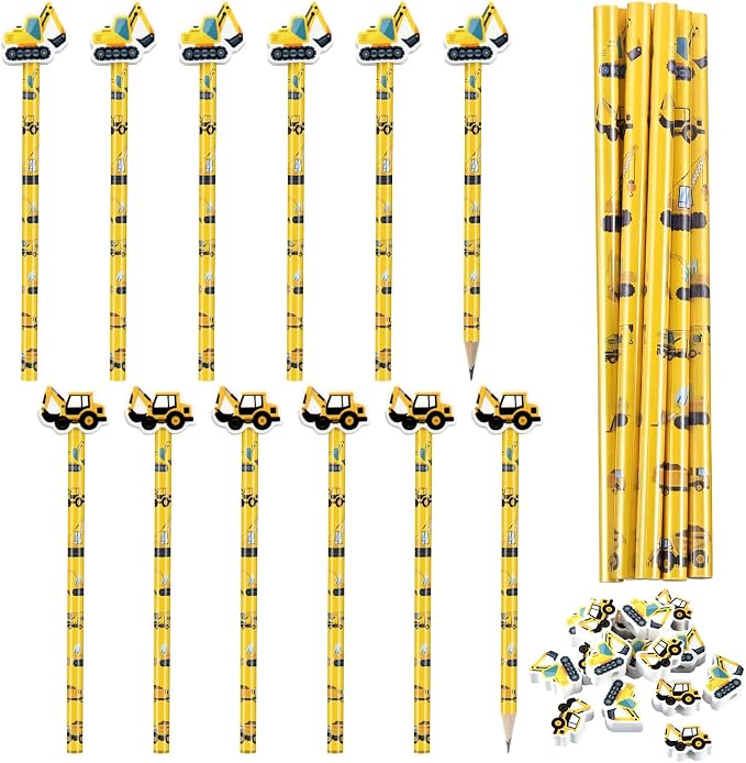 32 Pcs Construction Pencil with Eraser Excavator Truck Construction Party Favors Stationery Supplies for School Classroom Exchange Gift Reward Prizes Theme Birthday Party Supplies