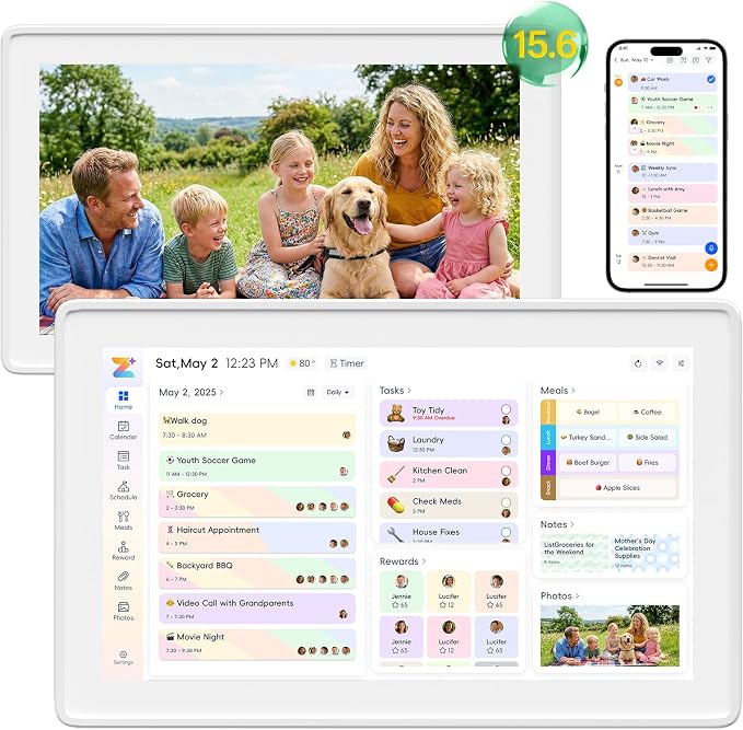 15.6" Digital Frame Calendar, Digital Wall Calendar Touchscreen, Electronic Family Calendar Meal Planner, Chore Chart, Google/iCloud/Outlook Sync, Photo Display, No Subscription for Mom,Busy Parents