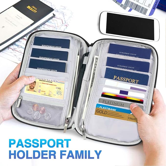 Passport Holder Family, Women RFID Blocking Passport Wallet, Travel Essentials Premium Wallets, Waterproof Passport Holders Bag for Men Traveling, Travel Document Organizer Credit Cards Case