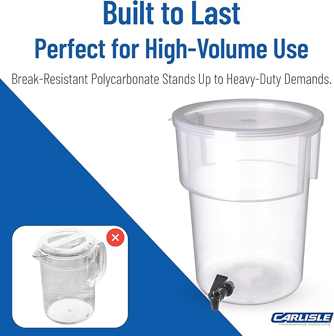 Carlisle FoodService Products Round Beverage Dispenser Drink Dispenser with Spigot for Catering, Plastic, 5 Gallons, Clear