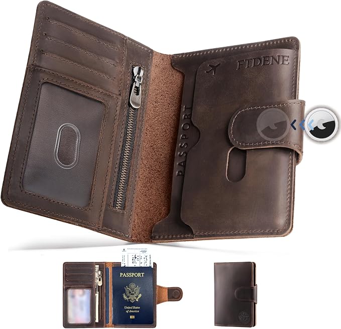 Passport Wallet for Men, Full Grain Leather Passport Holder, AirTag Slot | 2-3 Passport Capacity, Slim for Travel, Multiple Pockets, Magnetic Closure, RFID Blocking, 3 Card Slots, Antique Brown