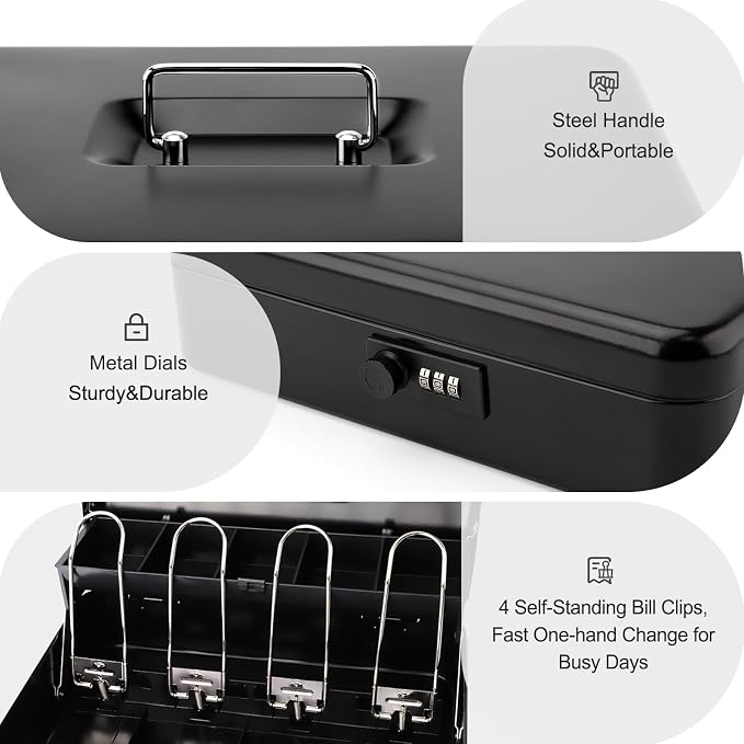 Jssmst Locking Large Metal Cash Box with Money Tray, Money Box with Combination Lock, Black
