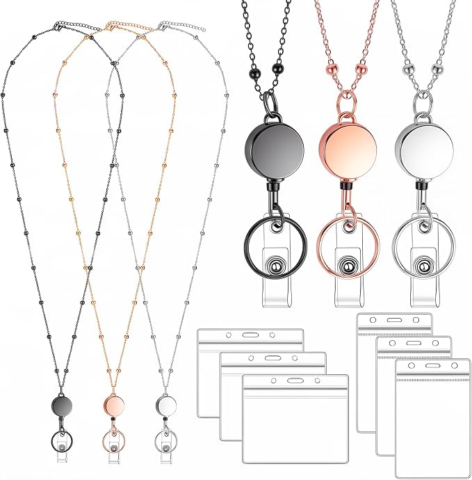 Lanyards for Id Badges, 3 Pack Badge Lanyard with 6 Pcs Badge Holder, Retractable Badge lanyards Id Holders for Girl Women Men (Black, Silver, Rose Gold)