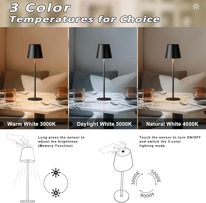 Kakanuo Cordless Table Lamp, 3 Color Stepless Dimming, 5000mAh Rechargeable Battery Powered, Outdoor LED Lamps, for Dining Room, Living Room, Bedroom, Bar, Cafe, Restaurant, Patio, Camping - Black