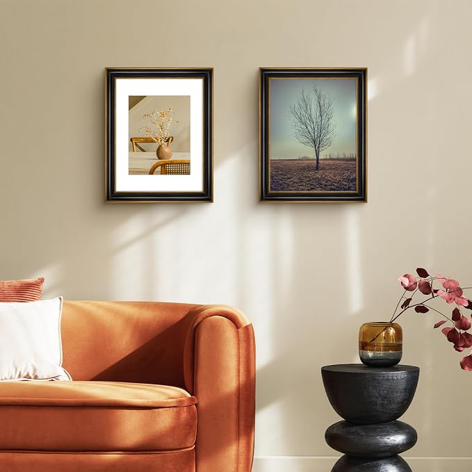 Golden State Art, 11x14 Photo Frame With Mat for Pictures 8x10 and Real Glass (Black With Antique Gold Trim - White Color Mat, 1.25 Inch Frame Border)