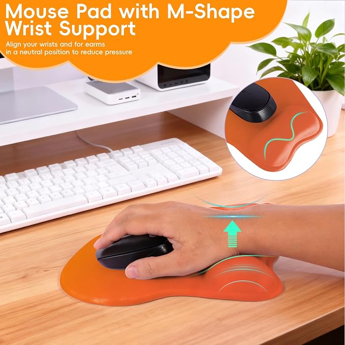 Mouse Pad with Wrist Rest Ergonomic Mouse Pad with Comfortable M-Shape Pain Relief Wrist Support Non-Slip PU Base Mousepad for Laptop, Office & Home (Gradient Orange)