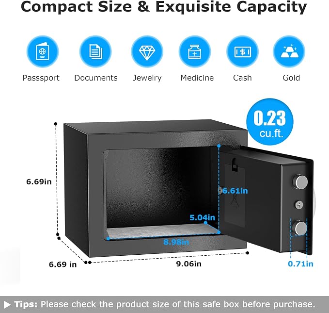 Bonsaii Safe Box with Electronic Keypad, Steel Security Lock Box with Key, 0.23 Cubic Feet, 9.06" W x 6.69" D x 6.69" H, Small Hidden Safe for Cash Jewelry | SPHC steel, 2 reinforcement bolts & hidden hinges, USB-C backup power, 9.06"x6.69"x6.69", fits...