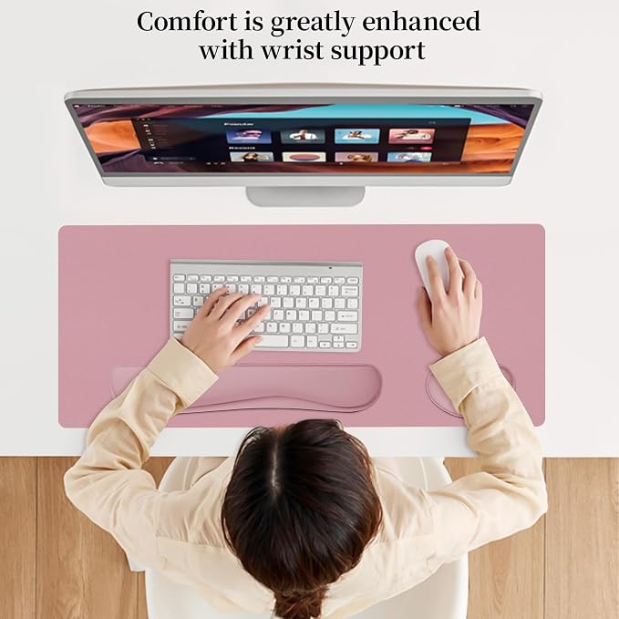 Mouse Pad and Keyboard Wrist Rest, 3-in-1 Keyboard and Mouse Pad | 27.6" x 13.8" Dusty Pink Desk Mat Set,Ergonomic Wrist Rest for Computer Keyboard, Non-slip Base, Waterproof Computer Mat