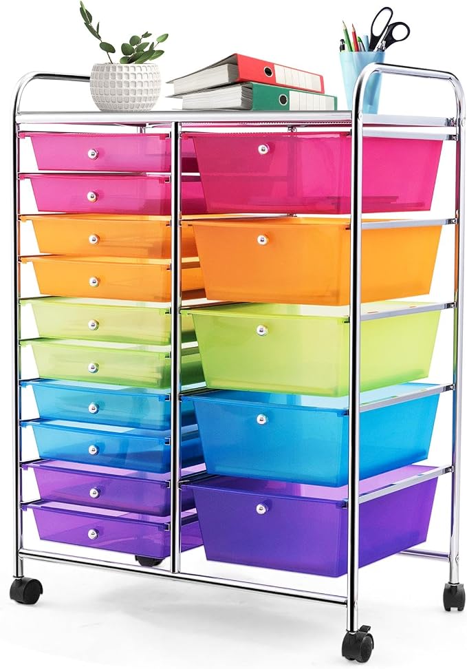 GLACER 15 Drawers Rolling Storage Cart, Steel Frame Craft Organizer Cart | Utility Cart w/Lockable Wheels & Sleek Handle, Mobile Art & Tool Supply Trolley for Teacher, Home, School, Office (Rainbow)