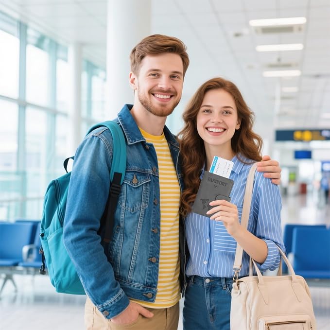Passport Holder for Travel Essentials, Grey Leather Passport Cover, Passport Wallet Holders for Women Men Family Travel Gifts Must Have Accessories, Credit Card Cash Air Ticket Storage Supplies