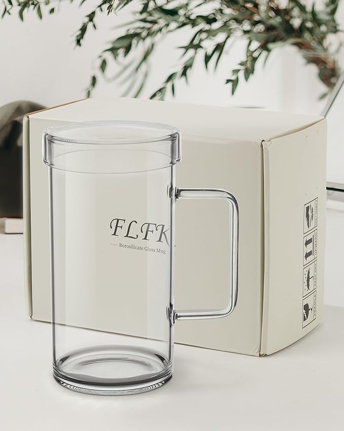 FLFK 20 oz Glass Coffee Mug with Lid - Large Clear Tea Mug, Beer Mug and Big Coffee Mug