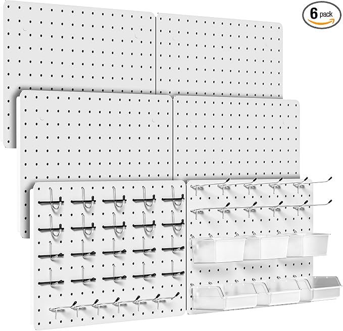 Peg board, Metal Pegboard for Tools, 8 Pack White Wall Organizer with Hooks | 12"x16" steel panels with 36 hooks, 6 bins and peg locks for garage tools, kitchen, office and craft storage