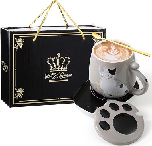 Honeydak Coffee Mug Warmer Cute Cat Mug Set Cup Warmer for Women Heated Coffee Warmers for Mom Home Office Desk Valentine's Day Anniversary Birthday Gifts(Cat,Gray)