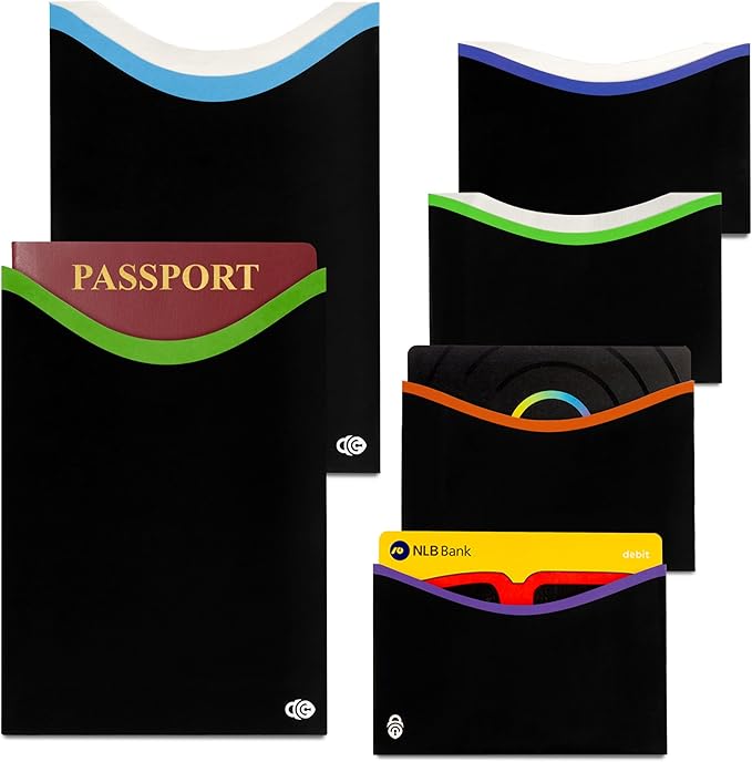 RFID Blocking Sleeves for Credit Cards & Passport (4 Long Side Card & 2 Passport Sleeves) RFID Card Holder and Protector Sleeve for Credit, Passport Identity Theft Protection Travel Wallet Slim