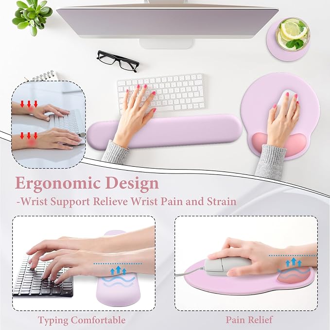 3 in 1 Ergonomic Mouse Pad and Keyboard Wrist Rest with Coaster Set-Pink | Cute Large Mousepad with Gel Wrist Support for Gaming Computer Laptop Women Office Home Desk Decor