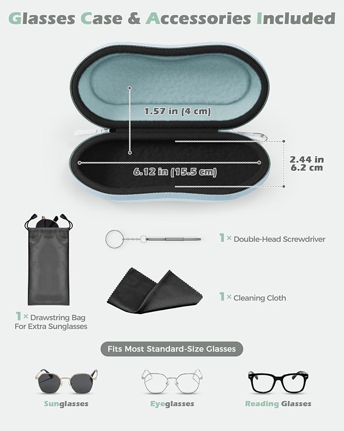 ProCase Sunglasses Case, Hard Shell Glasses Case for Men Women -Lightblue | Travel Shockproof Eyeglass Case with Metal Hanging Hook and Velvet Lining, Zipper Sport Glasses Holder Organizer for Gifts