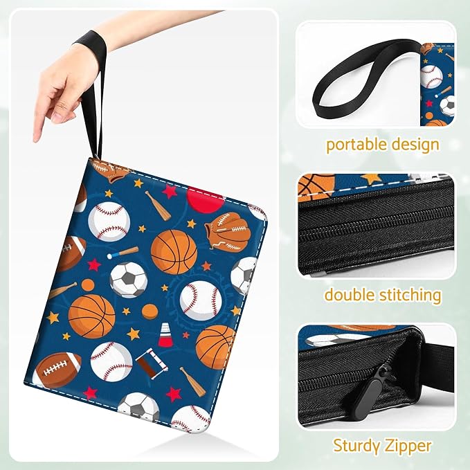 Baseball Football Card Binder Holder 480 Pockets with 60 Removable Sleeves, Portable Basketball Sports Trading Cards Binder Album Collector Organizer Protectors with Zipper,Waterproof