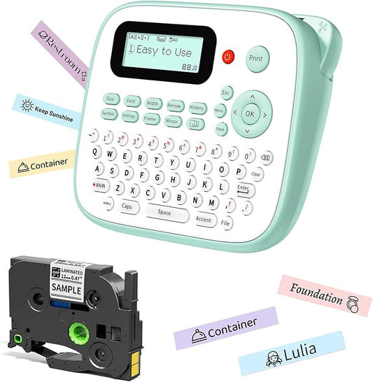 Label Maker for Kids, Desktop Label Maker Machine Labels-Waterproof, D210S Handheld Labeler Machine with Tape-12mm 0.47 Laminated White, Multiple Symbols for Home Office School Kids Teachers Gifts