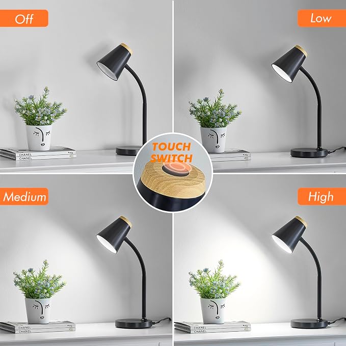 EJIAXIN Desk Lamp for College Dorm Room - Small LED Desk Lamp Touch Dimmable Reading Light for Home Office - Adjustable Flexible Gooseneck Table Lamp for Bedside Bedroom Nightstand Black