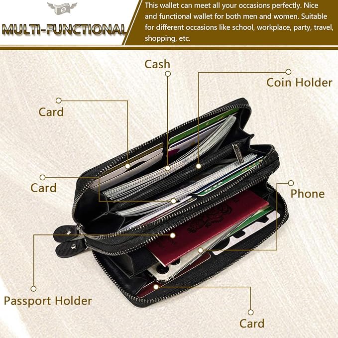 Genuine Leather Long Wallet for Men, Large Capacity Purse Clutch Bag Handbag Checkbook Cash Credit Cards Phone Holder | Large Capacity