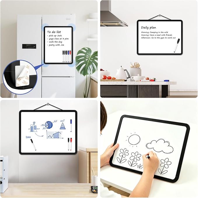 Small Wall White Board, 11" x 14" Mini Double-Sided Magnetic Dry Erase Board with Plastic Frame, Hanging Whiteboard with 5 Markers for Kids Students School Kitchen Home & Office, Black