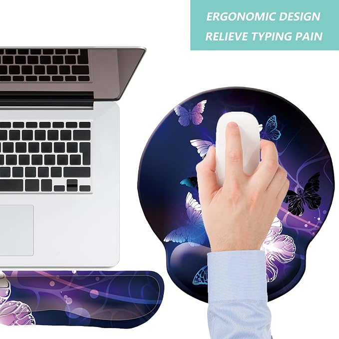 Keyboard Wrist Rest Pad Mouse Pad with Wrist Support Set of 3, Mousepad with Non-Slip Rubber Base, Ergonomic Memory Foam Mouse Wrist Cushion Support for Home Office Laptop Computer Gaming, Butterfly