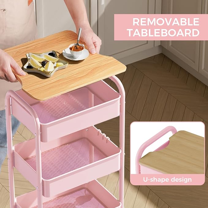 3-Tier Rolling Cart with Table Top, Metal Utility Cart on Wheels | Sturdy Storage Organizer Cart with Lockable Wheels&Hooks for Craft, Office, Classroom, Kitchen and Bathroom, Pink