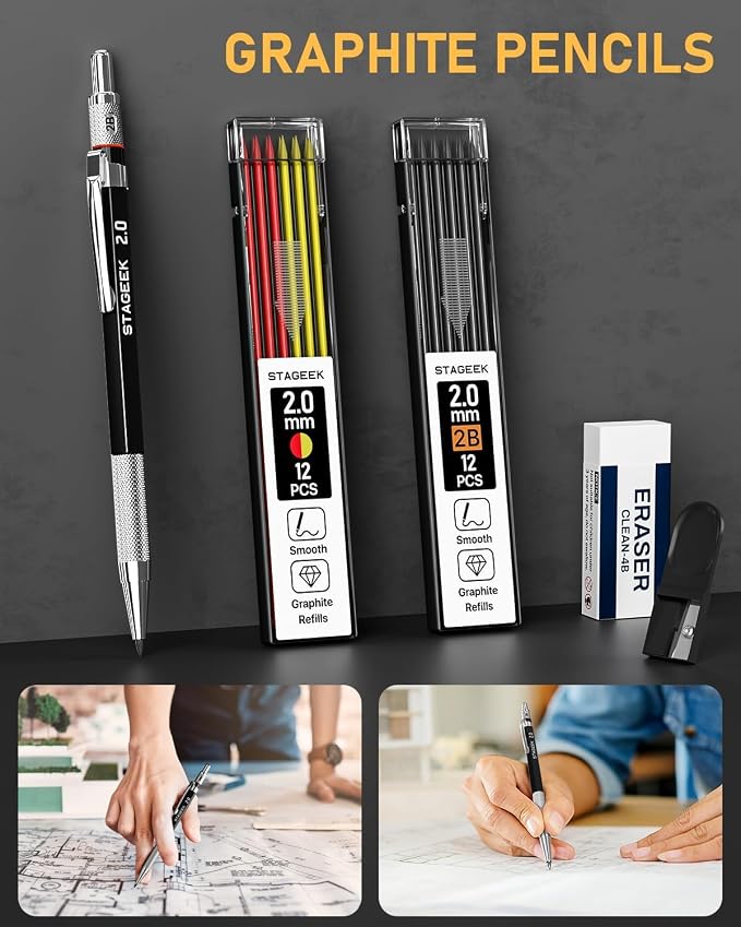 STAGEEK 14 Pack Carpenter Pencil Set with Sharpener | Construction Pencil Set with Deep Hole Long-Nib Markers , Woodworking Tool & Carpenter Pencils for Architect, DIY with Case