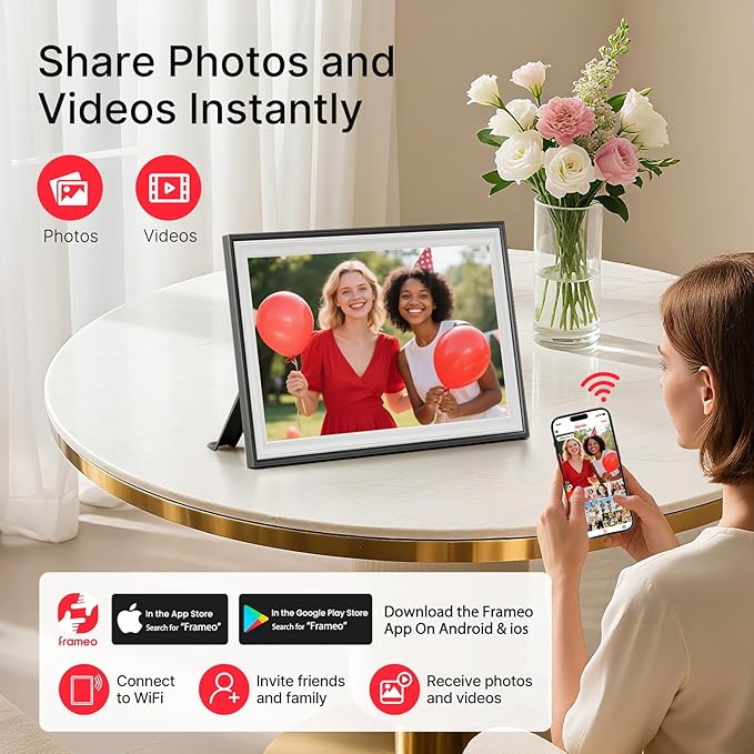 Frameo 10.1" Digital Picture Frame, Smart WiFi Digital Photo Frame with 1280x800 HD IPS Touch Screen 32GB Storage Auto-Rotate Wall Mounted, Share Photos/Videos from Phone Anywhere(Black&White)