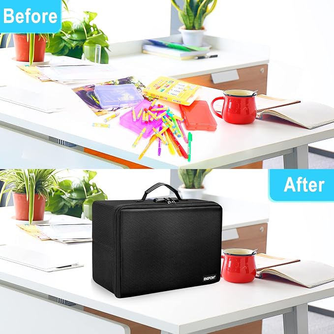 ENGPOW Fireproof Photo Storage Box with Lock,Photo Box Organizer with Divider＆Mesh Bag,Collapsible Portable Photo Storage Containers with Handle for Photos, Picture,Scrapbook,Art,Craft(Box Only)