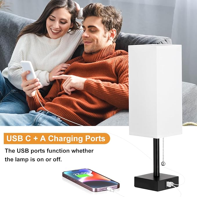 Set of 2 White Bedside Table Lamps for Bedroom - Nightstand Lamp, USB C+A | Pull Chain Lamp, 3 Color Modes(3000K/4000K/5000K), E26 LED Bulb Included, Square White Fabric Lampshade, for Read, Work, Dorm