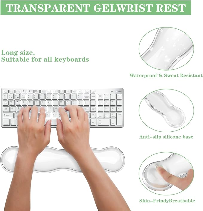 Gel Wrist Rest for Keyboard and Mouse Pad Set - Clear White | Ergonomic Cute Computer Keyboard Wrist Pad Support for Pain Relief, Non-Slip Desk Accessories for Office and Home