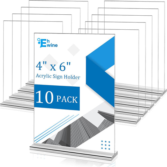 EHWINE 10 Pack Acrylic Sign Holder 4x6, Double-Sided Stand up Table Top Sign Holders, Clear Acrylic Picture Frame Paper Holder Display Stand for Office Business Store Wedding Party