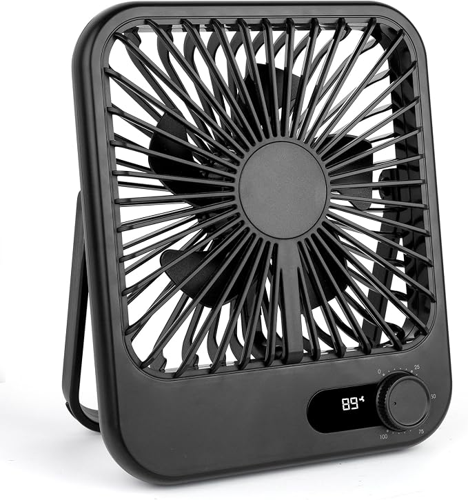 100-Speed Ultra-Quiet Desk Fan for Sleeping, 6.8" Rechargeable Portable Fan with LED Display, 180° Adjustable Head & Tripod Base - Battery/USB Powered Mini Fan for Office, Cruise, Travel (black)