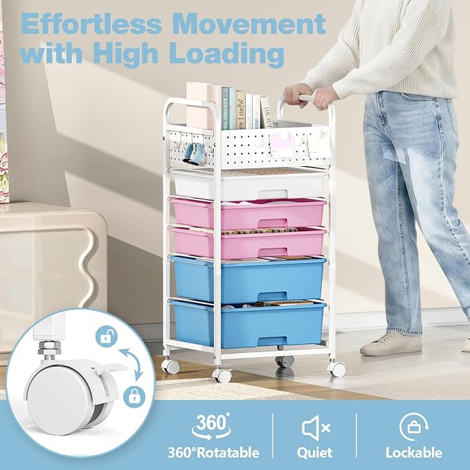 5 Drawer Rolling Storage Cart with Pegboard Top and Hooks, Pink&Blue | Mobile Organizer Cart with Wheels for Office Supplies, Craft Storage, Classroom Organization, Home Utility Cart