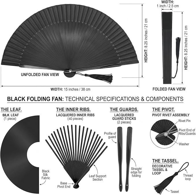 OMyTea Folding Hand Fan for Women - Foldable Chinese Japanese Vintage Bamboo Silk Fan - for Hot Flash, Church, Decoration, EDM, Music Festival, Dance, Party, Performance, Gift (Solid Sexy Black)