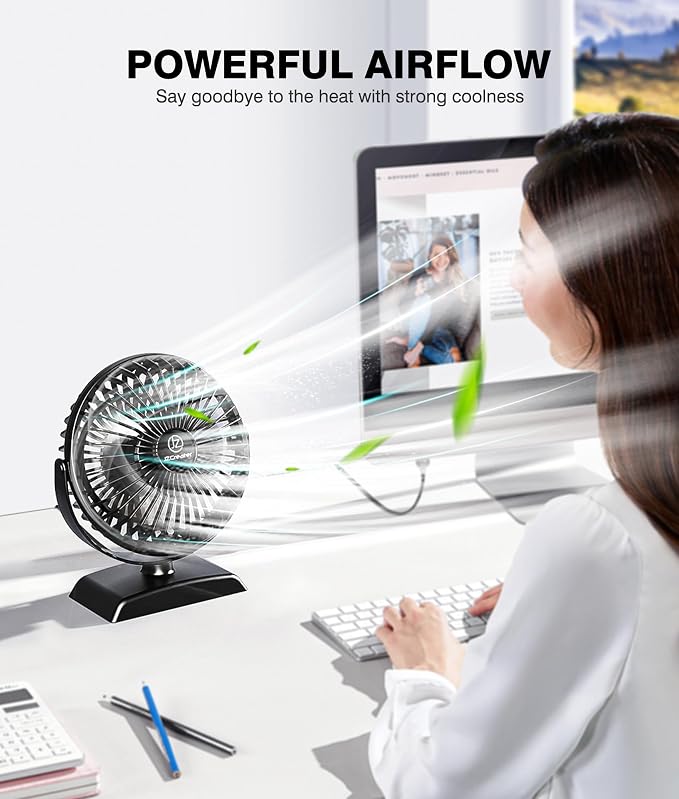 JZCreater USB Desk Fan, USB Fan Mini, 360 Rotation Desktop Fan with 3 Speed, Table Personal Cooling Fan, Quiet Mini Desk Fan, USB Powered, Small Fan for Home Office Bedroom Car Travel,Black+Black