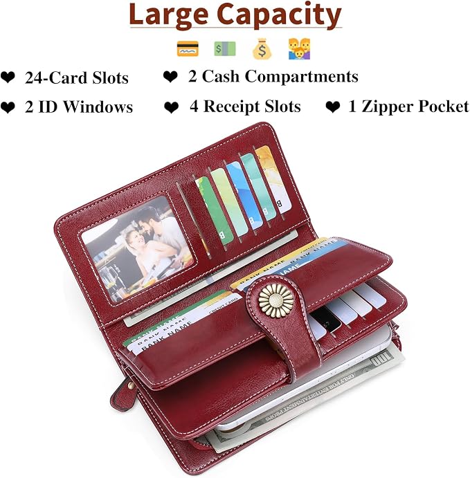 SENDEFN Wallets for Women Leather Credit Card Holder with RFID Blocking Large Capacity Wristlet | with RFID Blocking