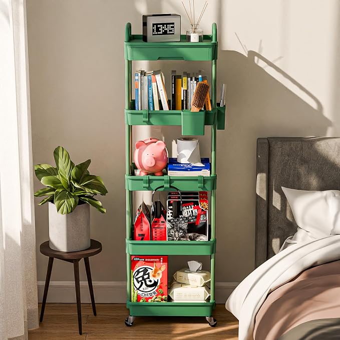 Sorgion 5 Tier Rolling Cart Organizer,Bathroom Cart Organizers with Wheels Laundry Room Organization Mobile Shelving Unit Utility Cart Storage Shelves Multi-Functional for Office, Home(Green)